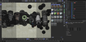 3D modeling workspace with various objects